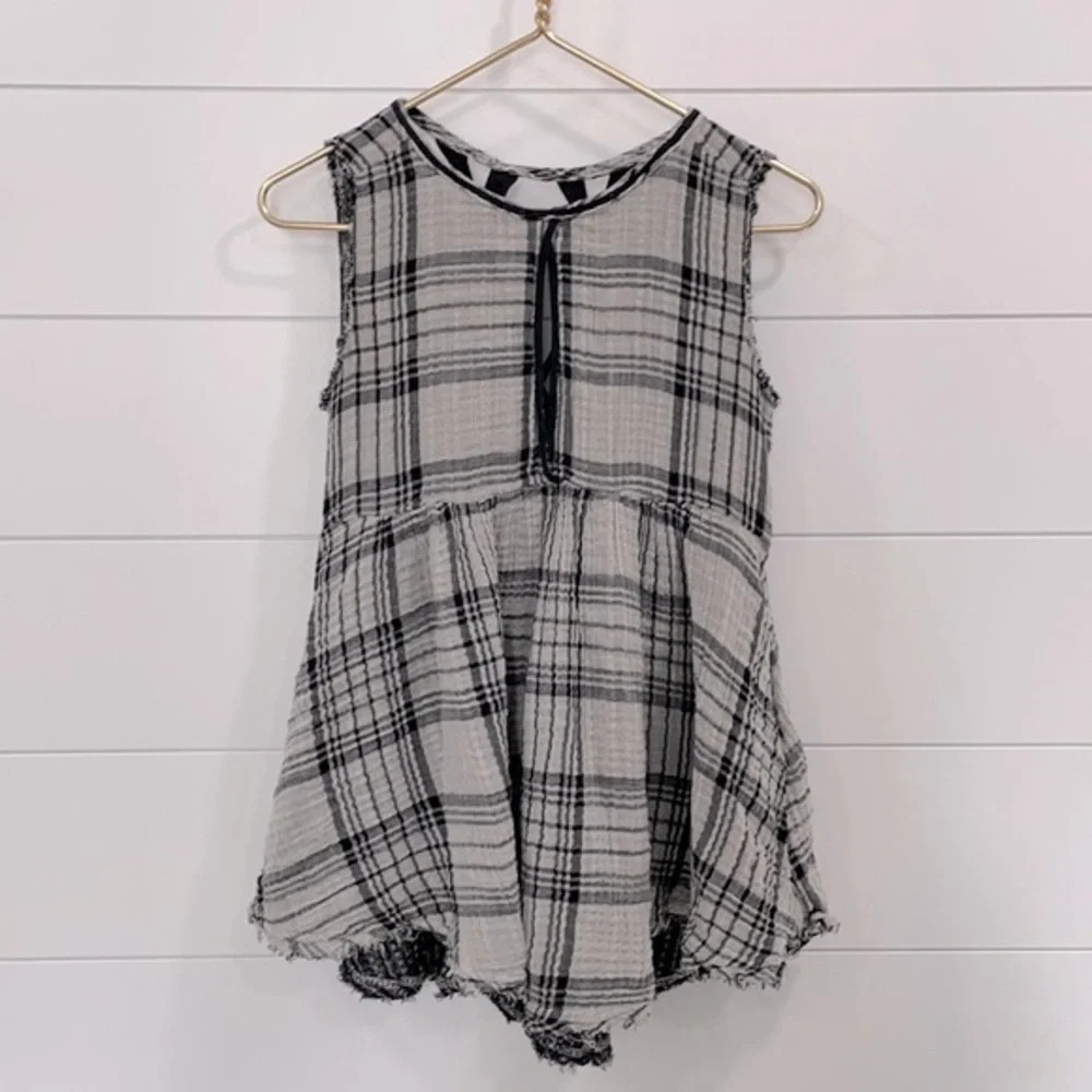 Free People Distressed Hem Plaid Tank Top Size Small